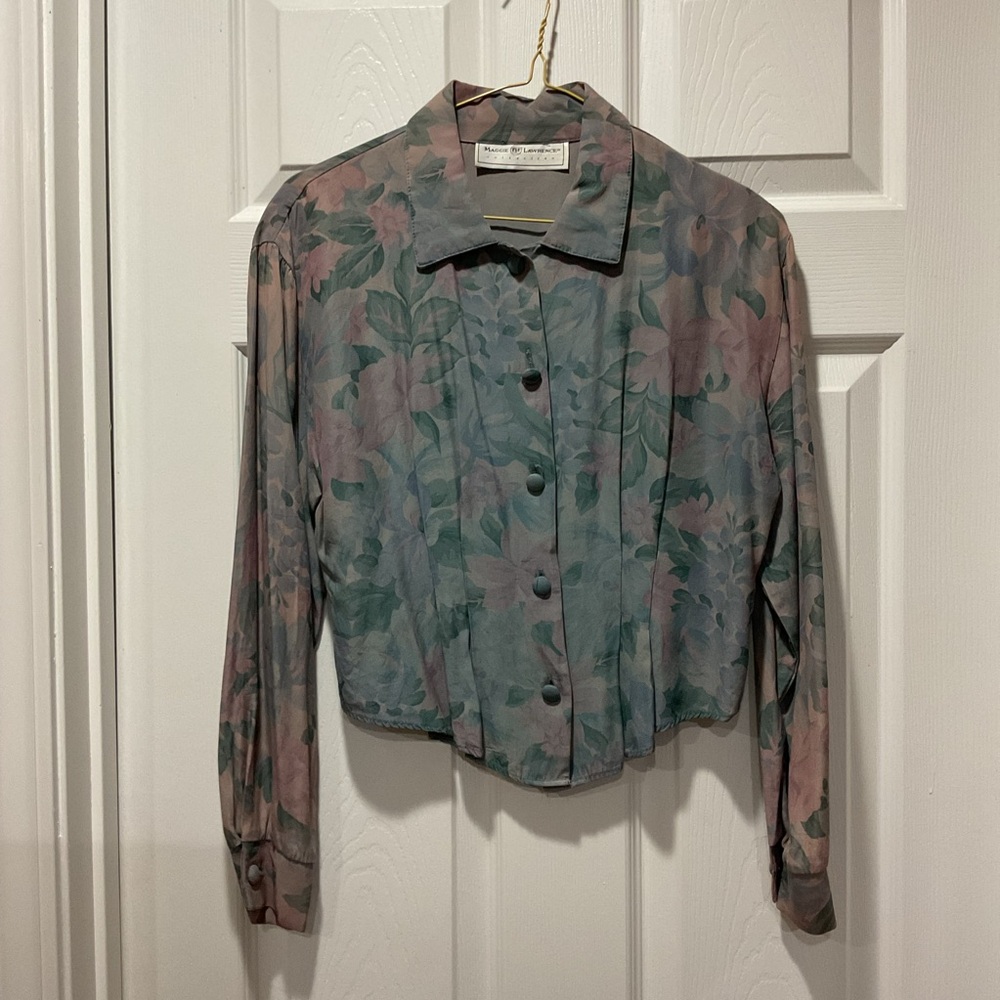 Teal & Rose Floral Button Down Crop Blouse long sleeve shirt